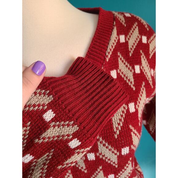 1970s Vintage Red Knit Sweater Retro Geometric V-Neck Pullover Size Medium - Picture 3 of 6